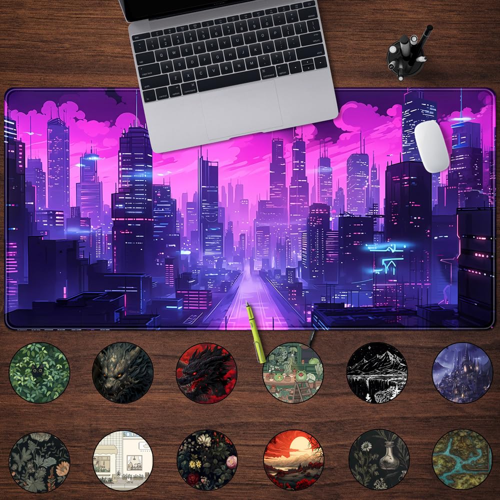 Cyberpunk Neon Purple City Gaming Desk Mouse Pad XL Pink Extended Mouse Pad Gaming, Keyboard Pc