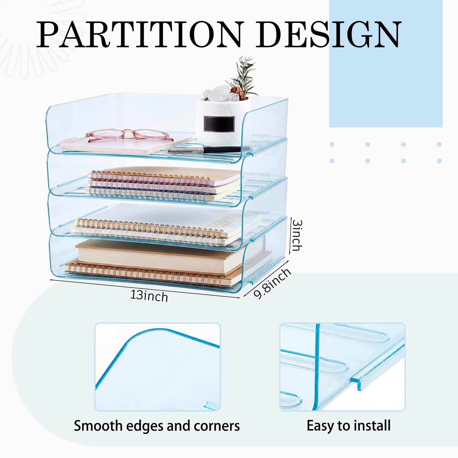 Harloon 4 Tier Clear Blue Acrylic Paper Organizer Letter Tray, Aesthetic Stackable Desk File