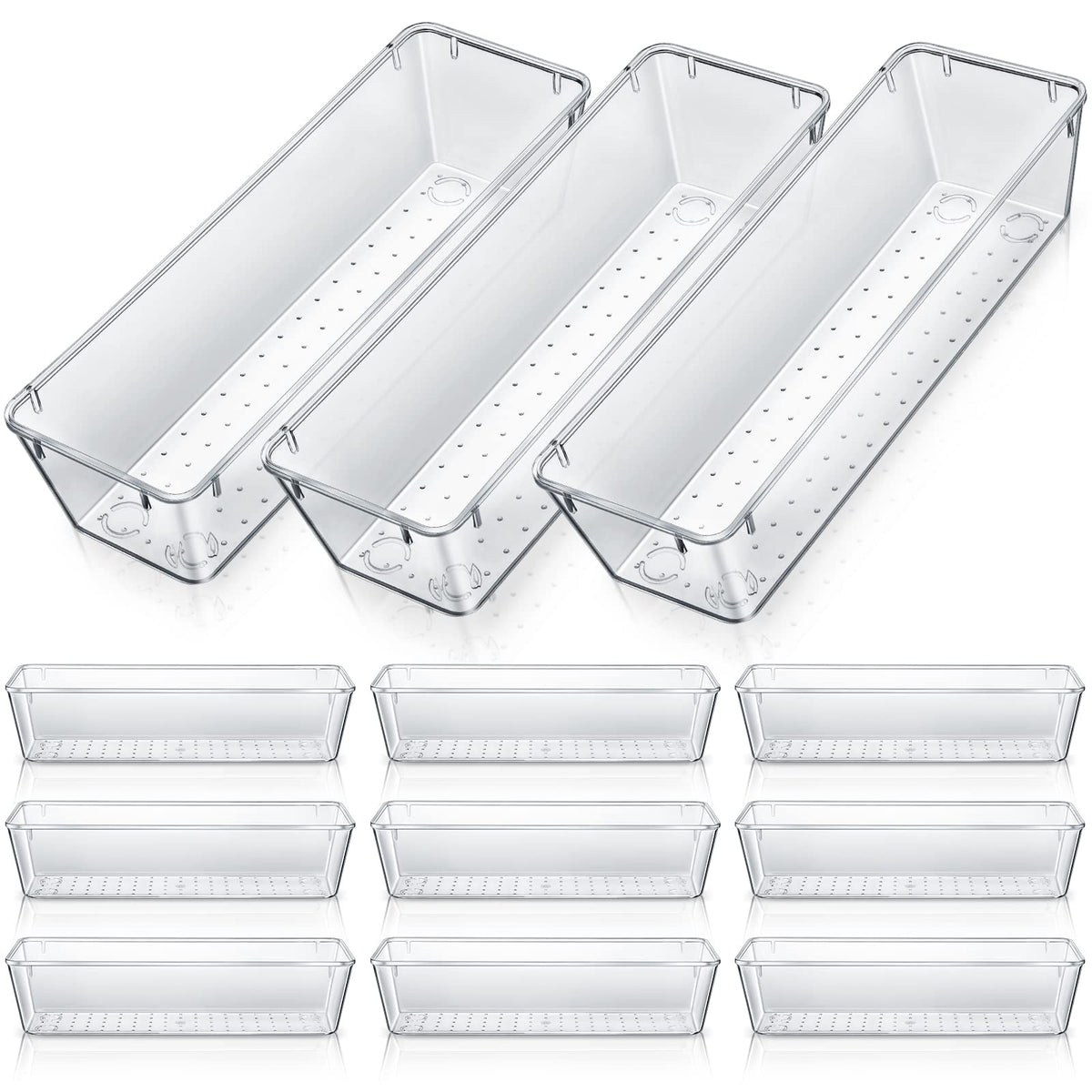Maitys 12 Pcs Clear Drawer Organizer 9 x 3 x 2 Inches Plastic Rectangle Trays Makeup Vanity Storage