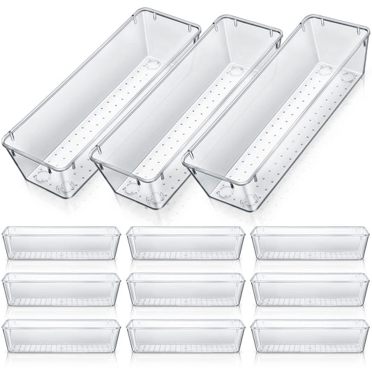 Maitys 12 Pcs Clear Drawer Organizer 9 x 3 x 2 Inches Plastic Rectangle Trays Makeup Vanity Storage