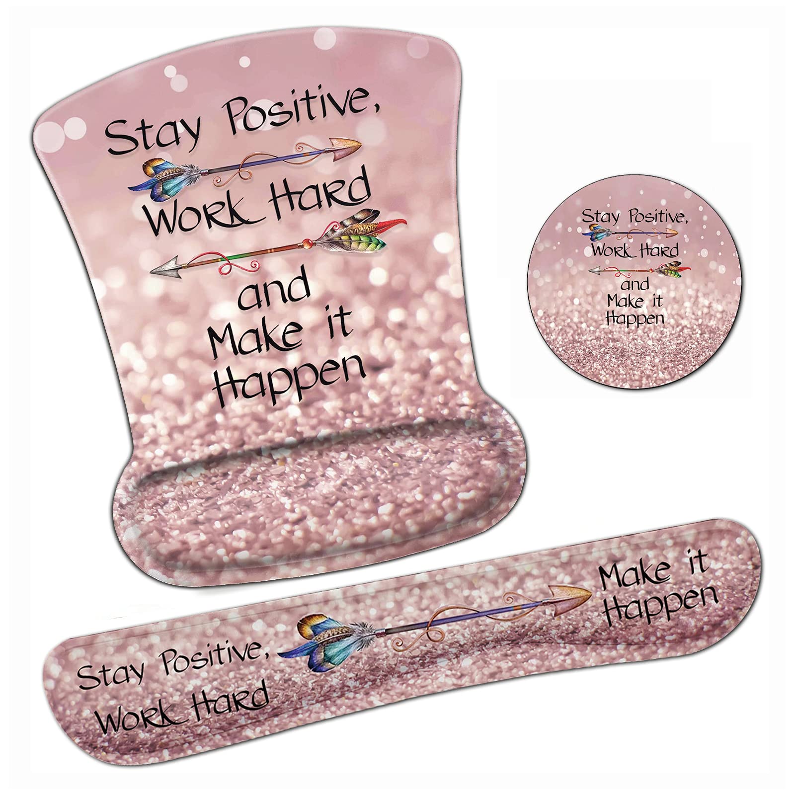 Ergonomic Mouse Pad Wrist Support Gel and Keyboard Wrist Rest Set Stay Positive Work Hard and Make