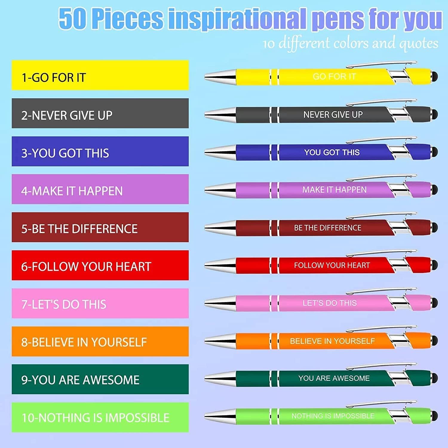 Greengines 50 PCS Motivational Bulk Pens with Stylus Tip Gifts Black Ink