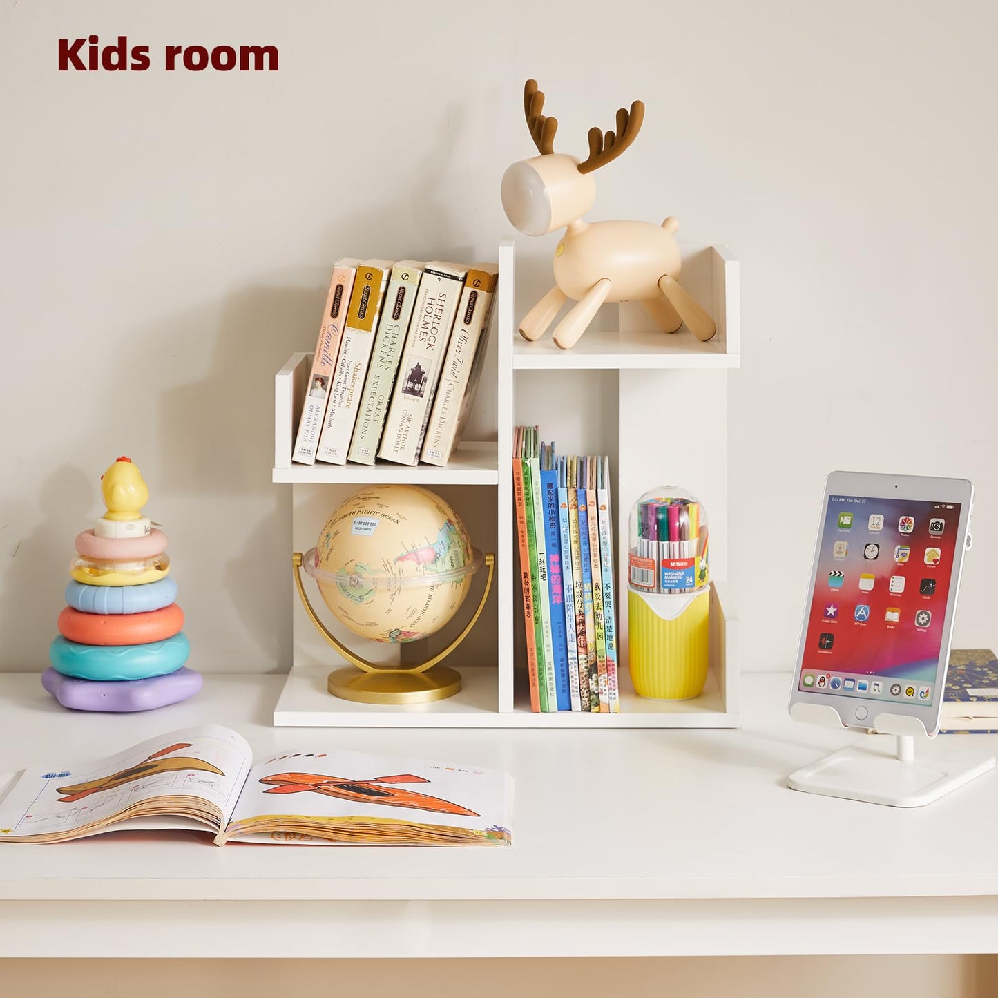 Aibiju Small White Desk Organizer, 2 Tier Tree Cactus Bookshelf, Desktop Organizer Wood, Small