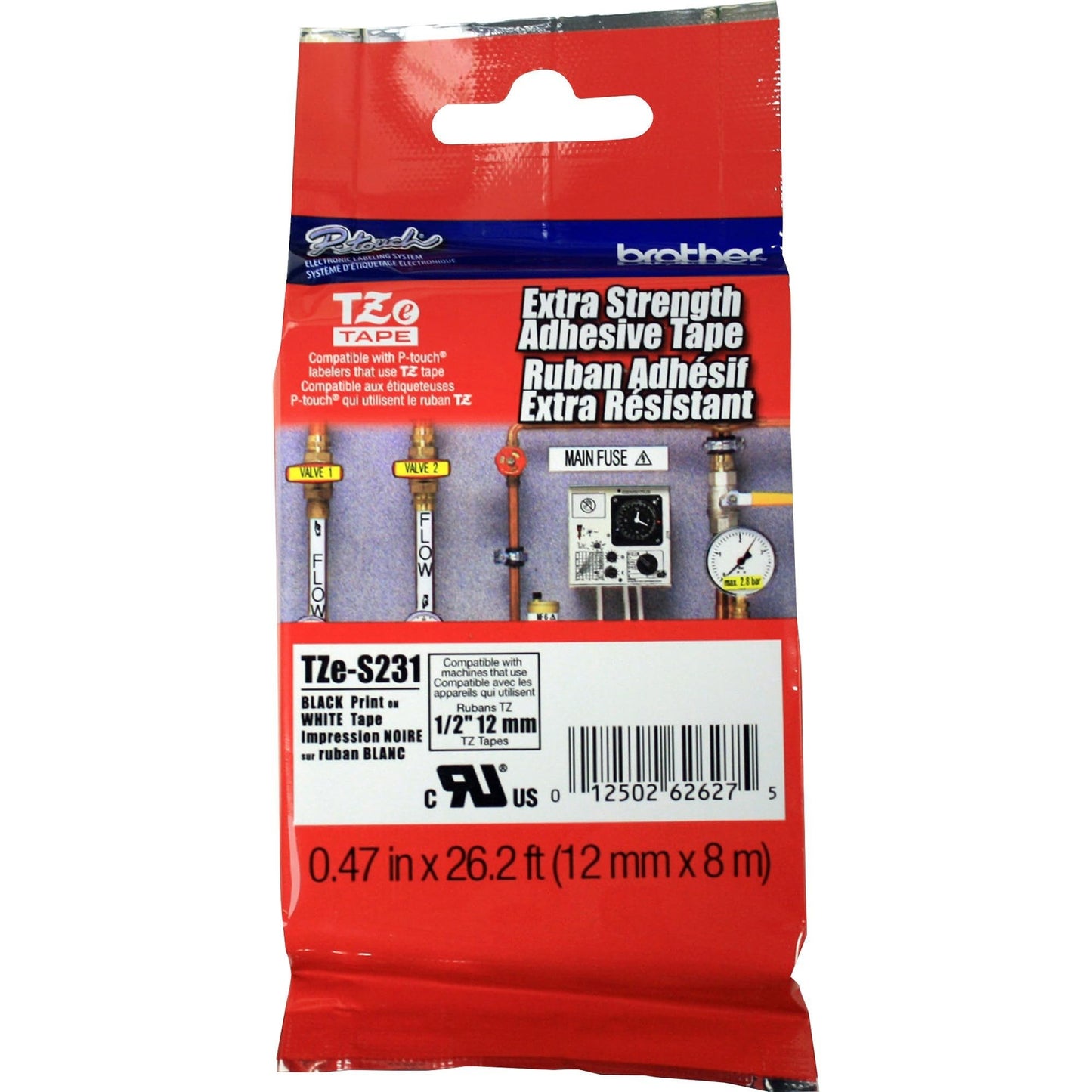 Brother Extra Strength Tape, Black on White, 12mm (TZeS231)