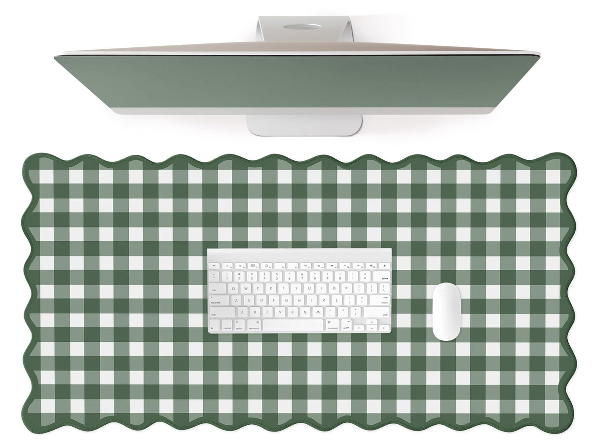 Forest Green Scalloped‌ Checkered Gingham Desk Mat Cute Pastel Large Mouse Pad Kawaii Cottagecore