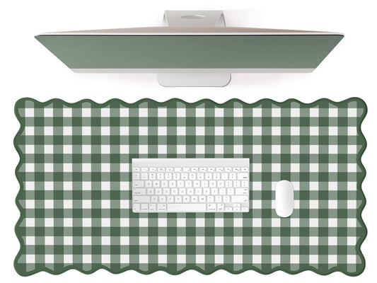 Forest Green Scalloped‌ Checkered Gingham Desk Mat Cute Pastel Large Mouse Pad Kawaii Cottagecore