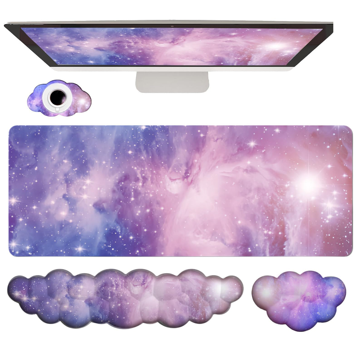 Cloud Wrist Rest Keyboard Purple Cloud Mouse Pad Set 4PCS Galaxy Large Desk Mat Ergonomic Space