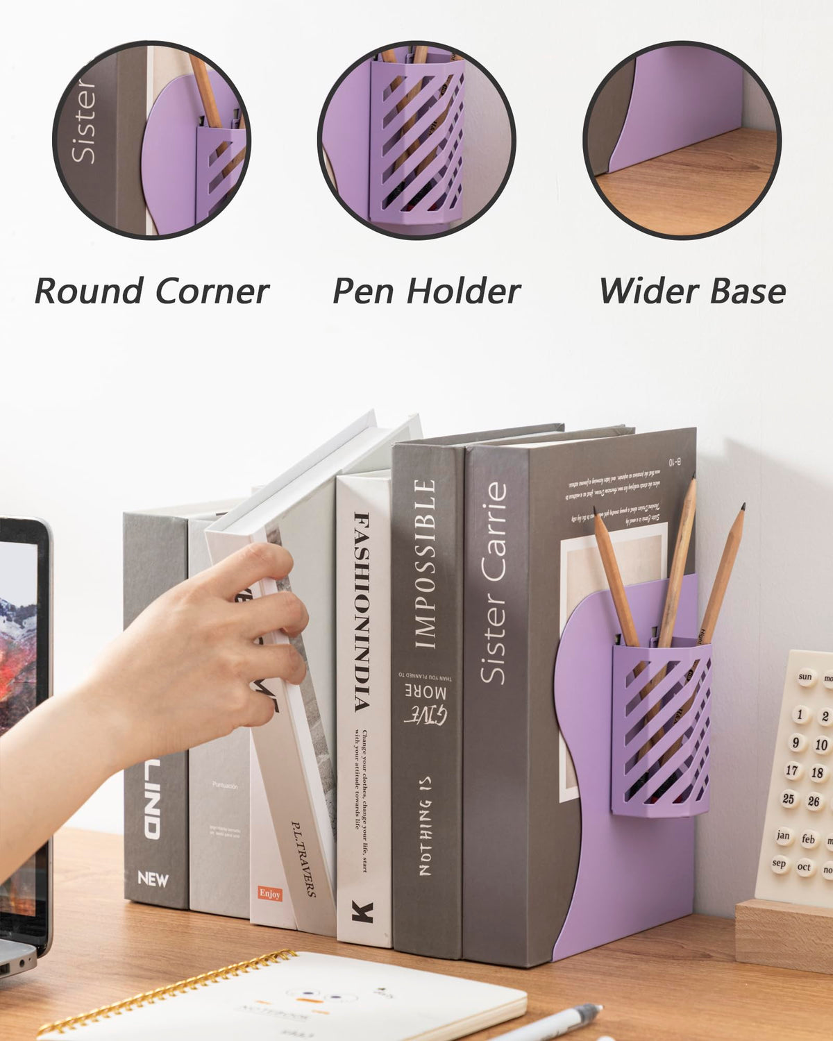 Kingsmile Book Ends, Adjustable Heavy Duty Metal Book Stoppers with Pen Holder for Desk Office