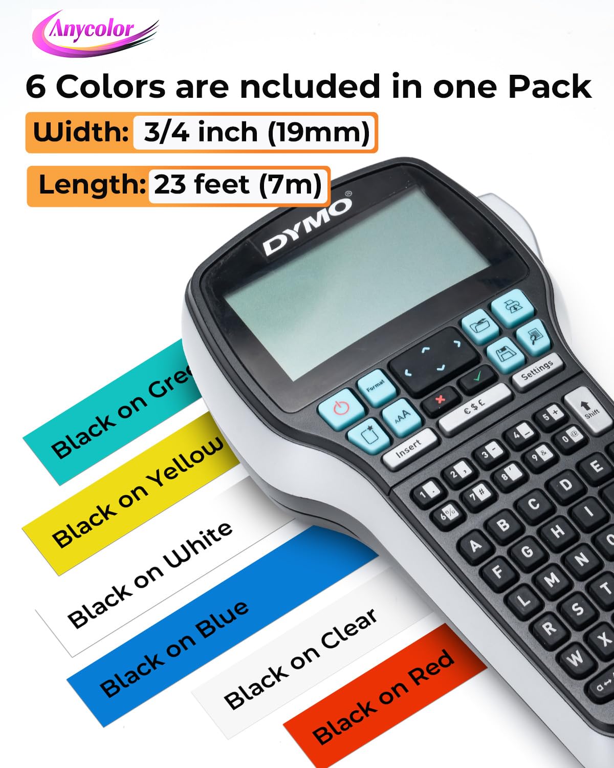 6Pk Compatible with Dymo D1 Label Tape 19mm Mix Colored Label Maker Refills