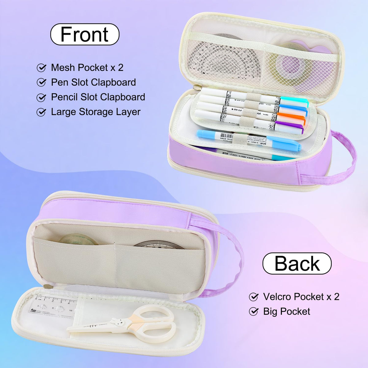 Large Pencil Case for Girls Teens Organizer Pencil Bag with Zipper Purple