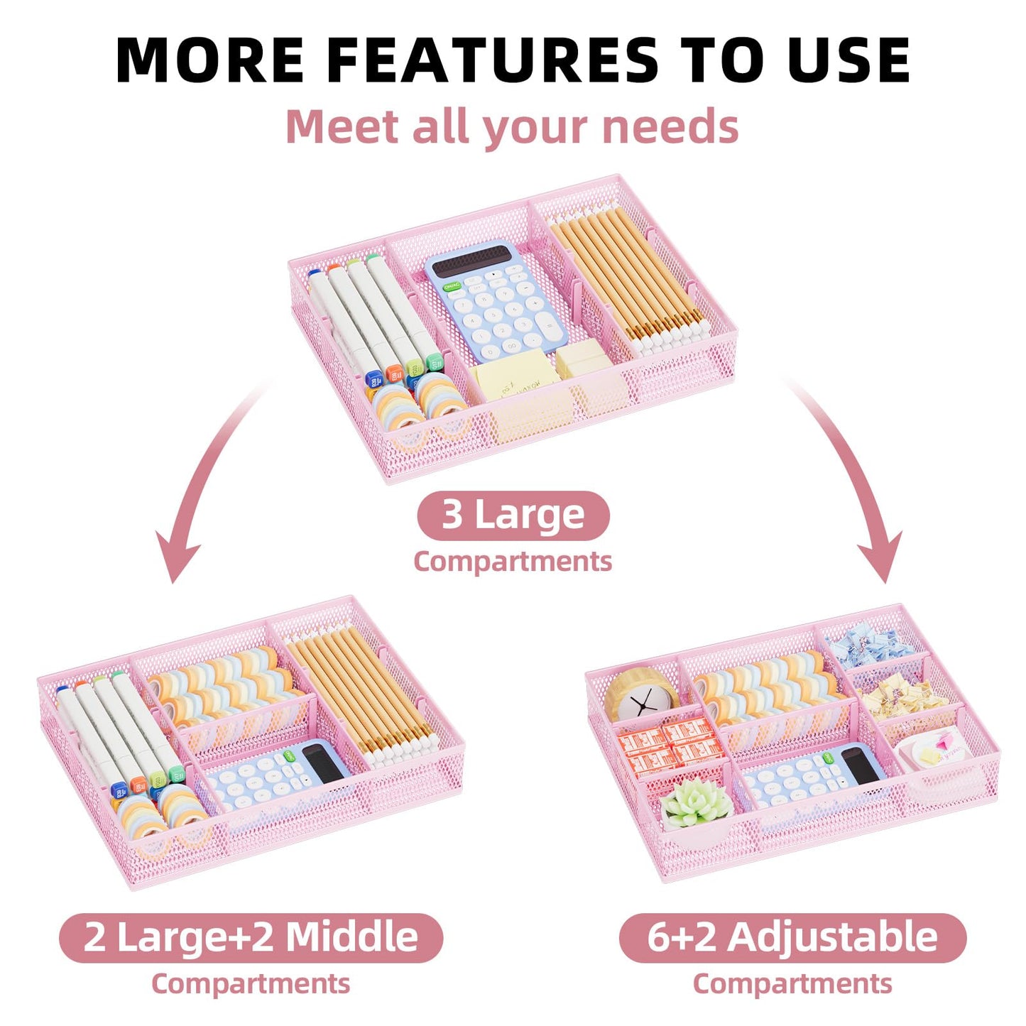Marbrasse 2 Pack Desk Drawer Organizer, Mesh Drawer Organizer Tray with 8 Adjustable Compartments