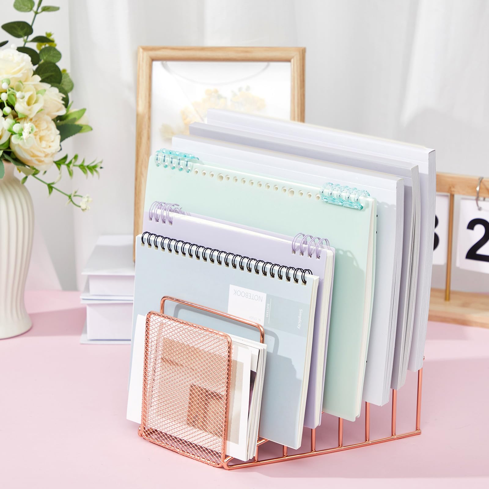 Chivertion 2 Pcs 2 Pcs Wire File Sorter Desk 7 Section Organizer, Rose Gold