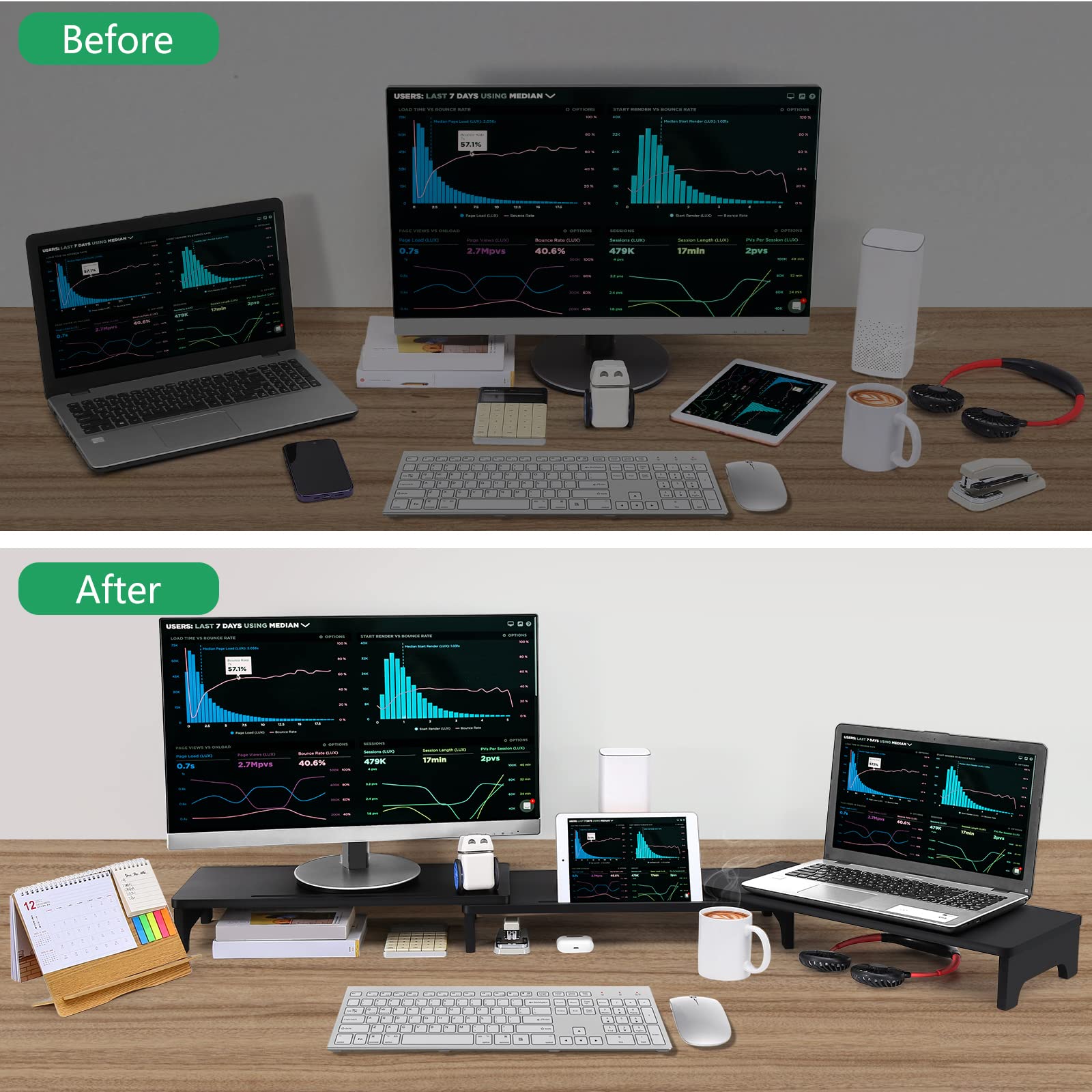 Nnewvante Monitor Stand Riser, 60 inch Bamboo Triple Monitor Stand for Desk