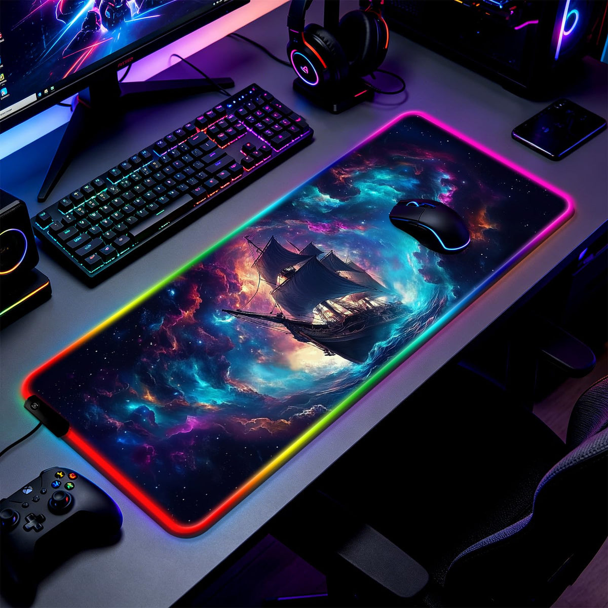 JIANG100 RGB Fantasy Nebula Pirate Ship Gaming Desk Mat & Mouse Pad, XL
