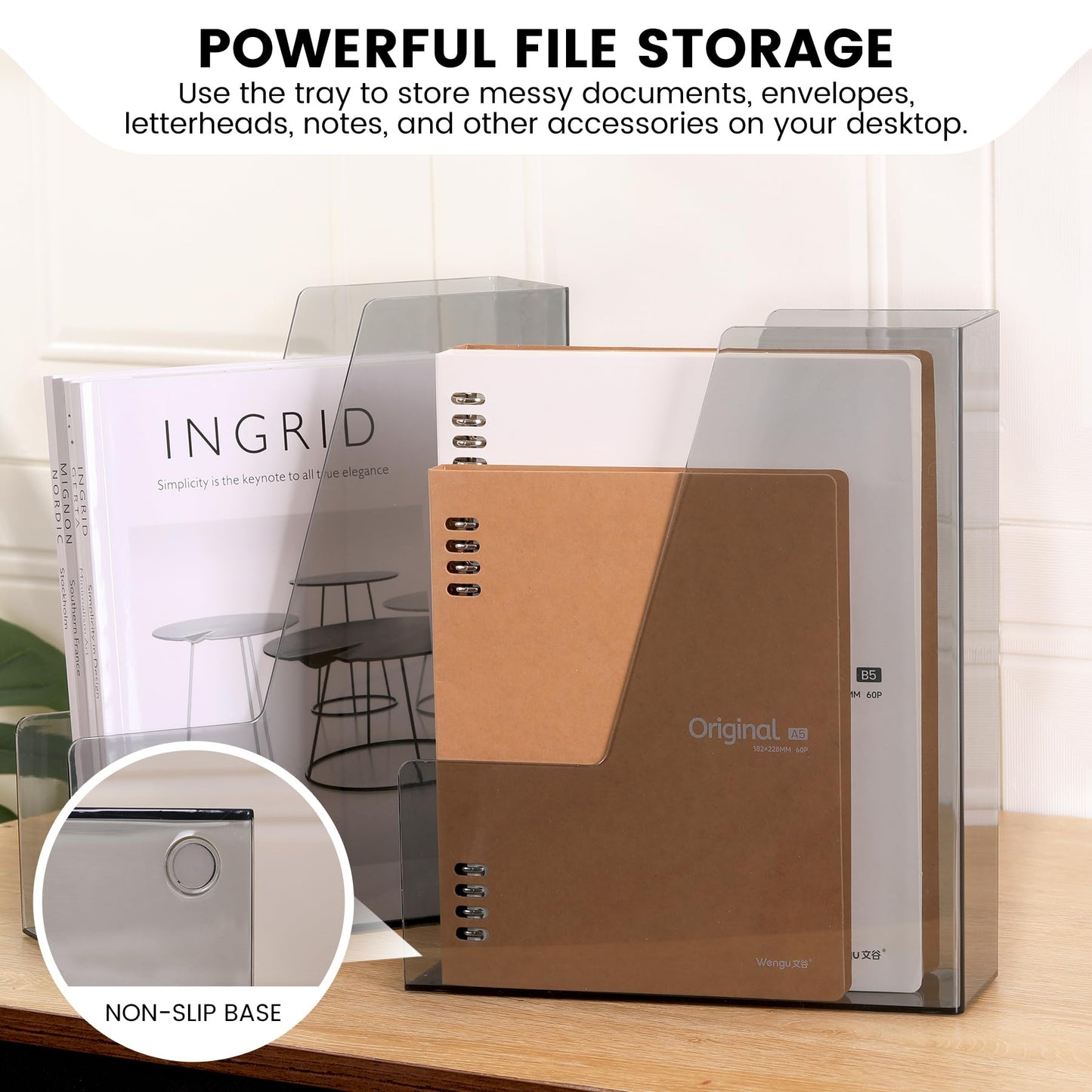 CiWiVOKi Vertical File Holder, PET Desk Organizer and Storage Bins Holding for Magazines, Binders