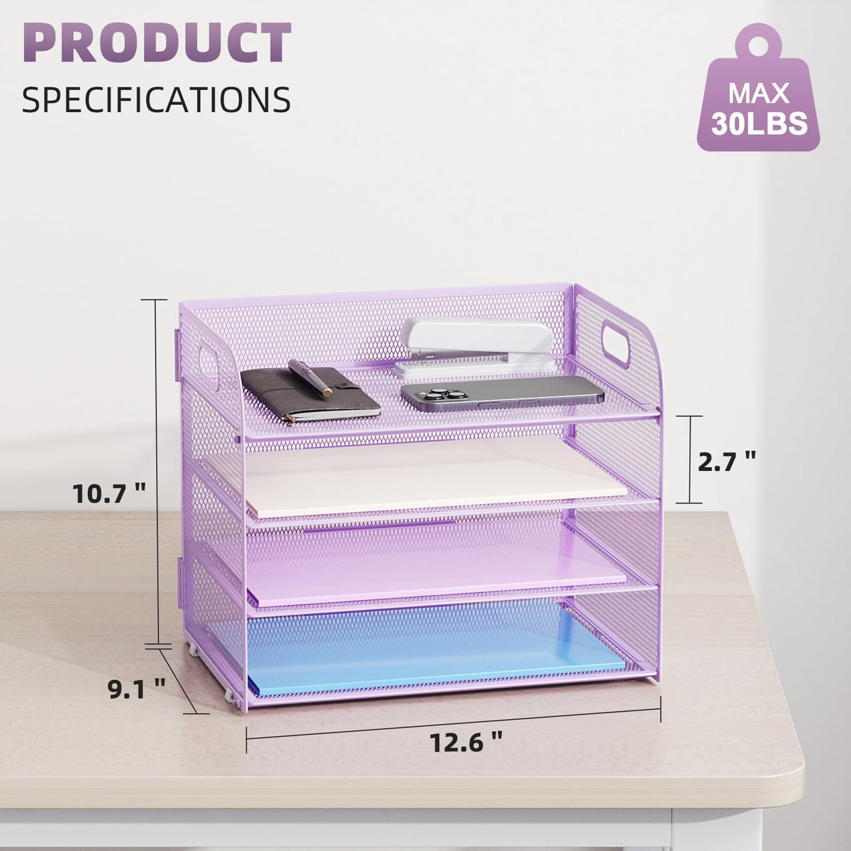 Marbrasse 2 Pack 4 Tier Paper Organizer Letter Tray - Mesh Desk File Organizer with Handle, Paper