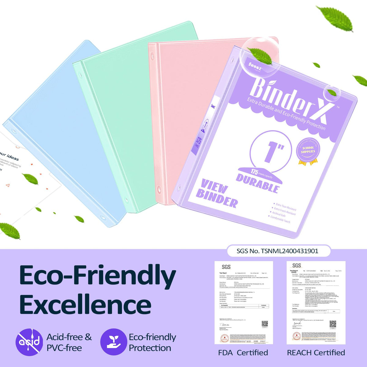 BinderX 3 Ring Binder 1 Inch, 1" Clear View Binder, Light Green, Letter/ A4