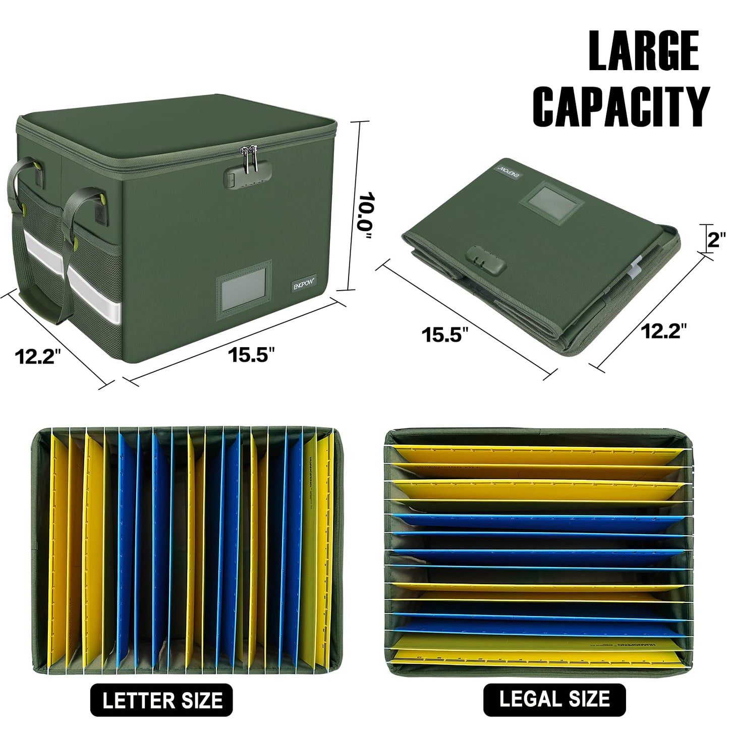 ENGPOW File Box with Lock, Fireproof Document Box with Zipper Lid, Collapsible File Storage