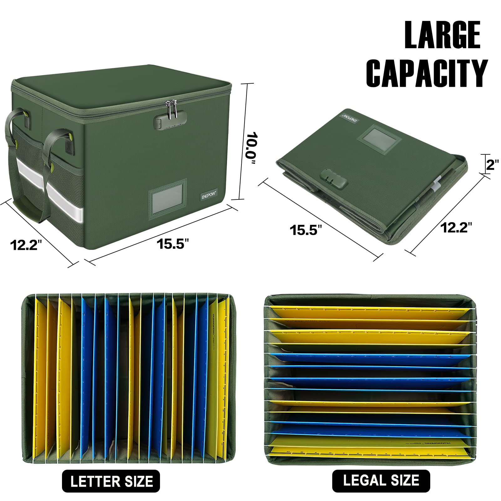 ENGPOW File Box with Lock, Fireproof Document Box with Zipper Lid, Collapsible File Storage