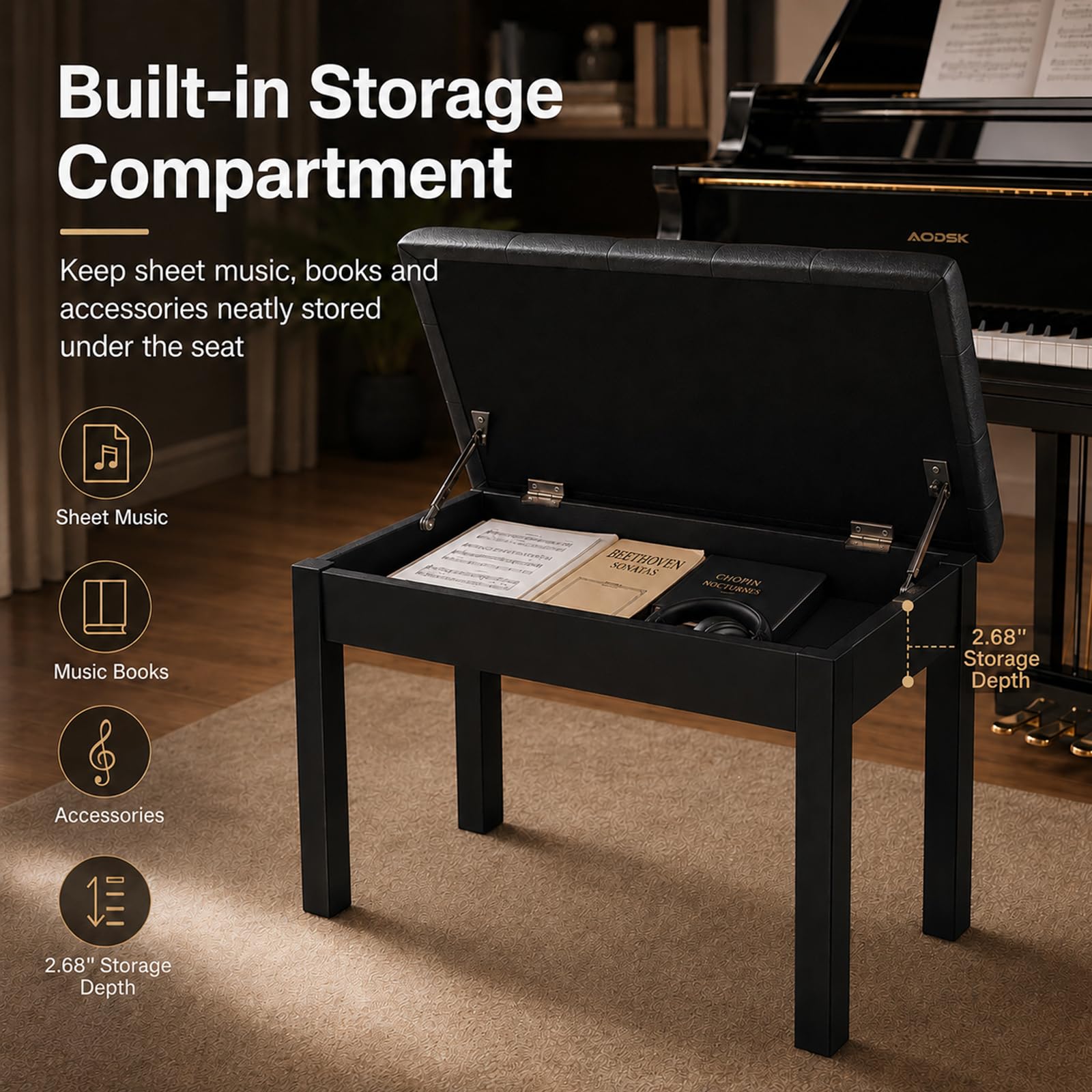 AODSK Wooden Duet Piano Bench with Padded Cushion and Storage Compartment for Music Books