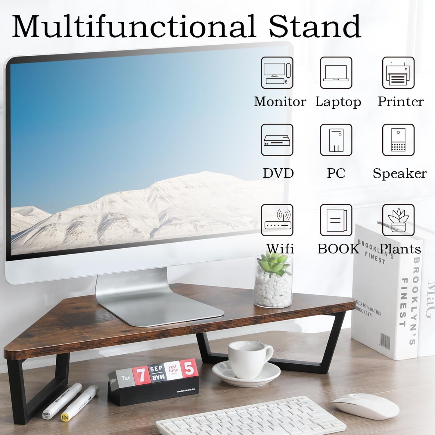 TEAMIX 26 inch Corner Monitor Stand Riser with Keyboard Storage, Espresso