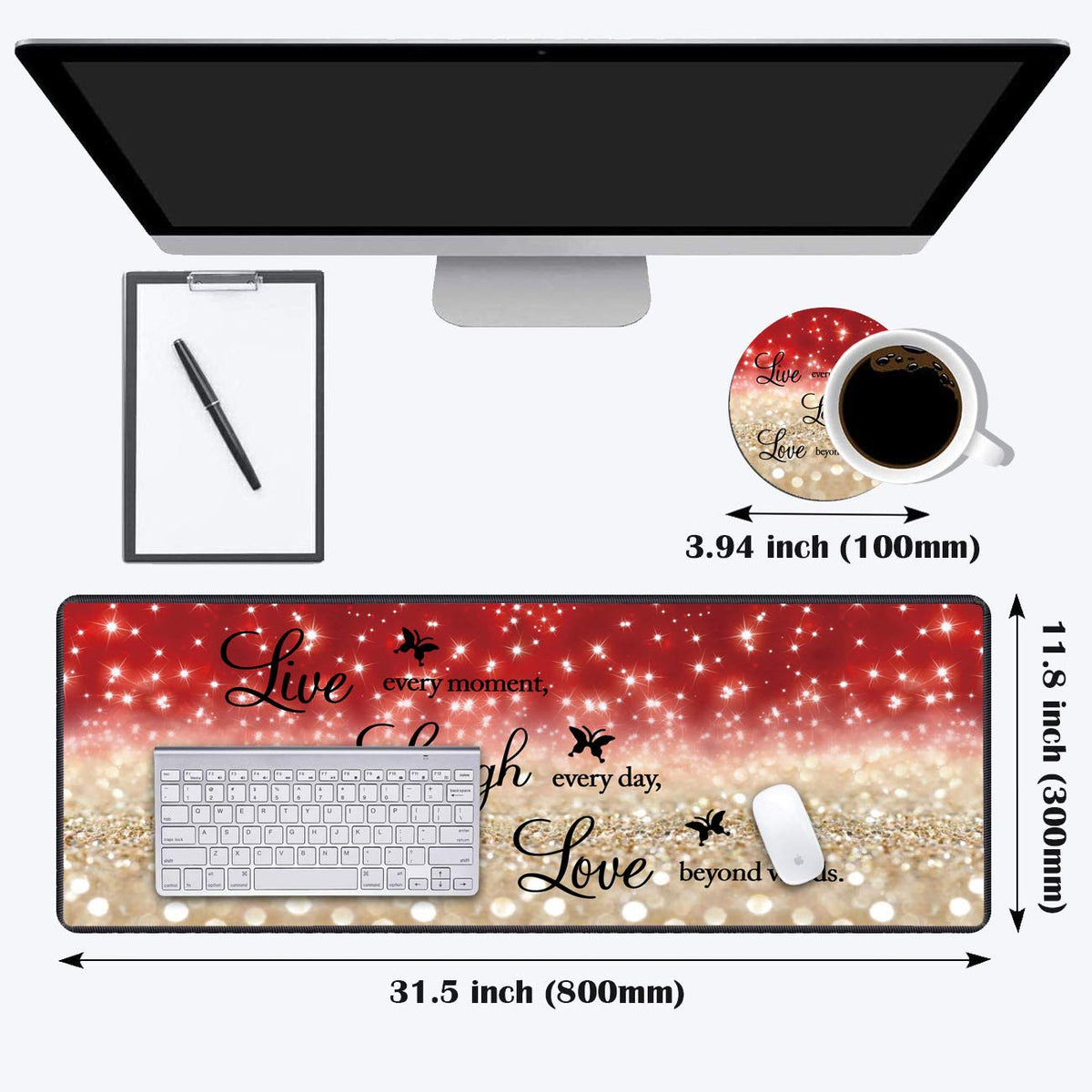 Desk Pad Gaming Mouse Pads with Coasters,31.5"x 11.8" Large Non-Slip Rubber Base Mousepad with