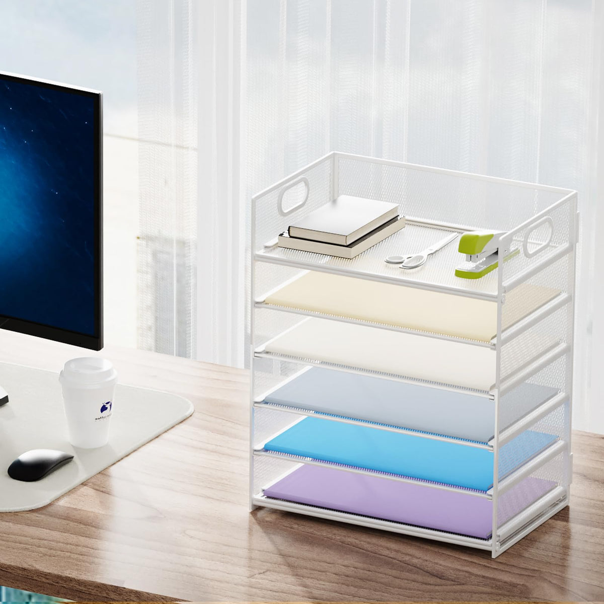 Marbrasse 2 Pack Desk Organizer with Handle, 6 Tier Paper Letter Tray, Mesh Desk File Organizer for