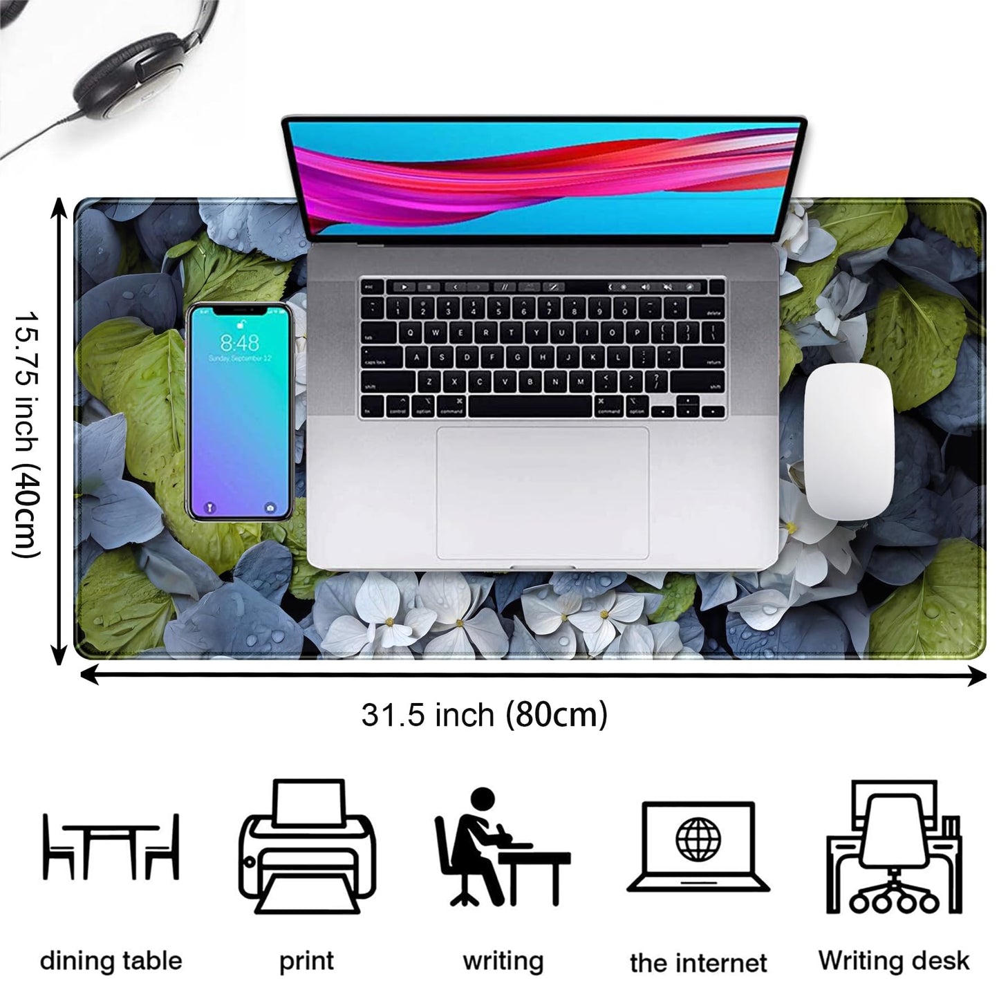 Large Desk Mat Hydrangea Floral Extended Gaming Mouse Pad, Keyboard Mouse Mat for Office & Home