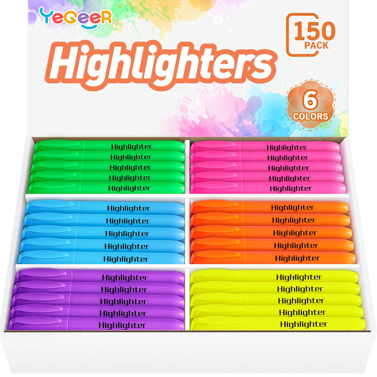 YEGEER Highlighters, Chisel Tip Dry-Quickly Highlighter Markers, 150 Count-6 Assorted Colors