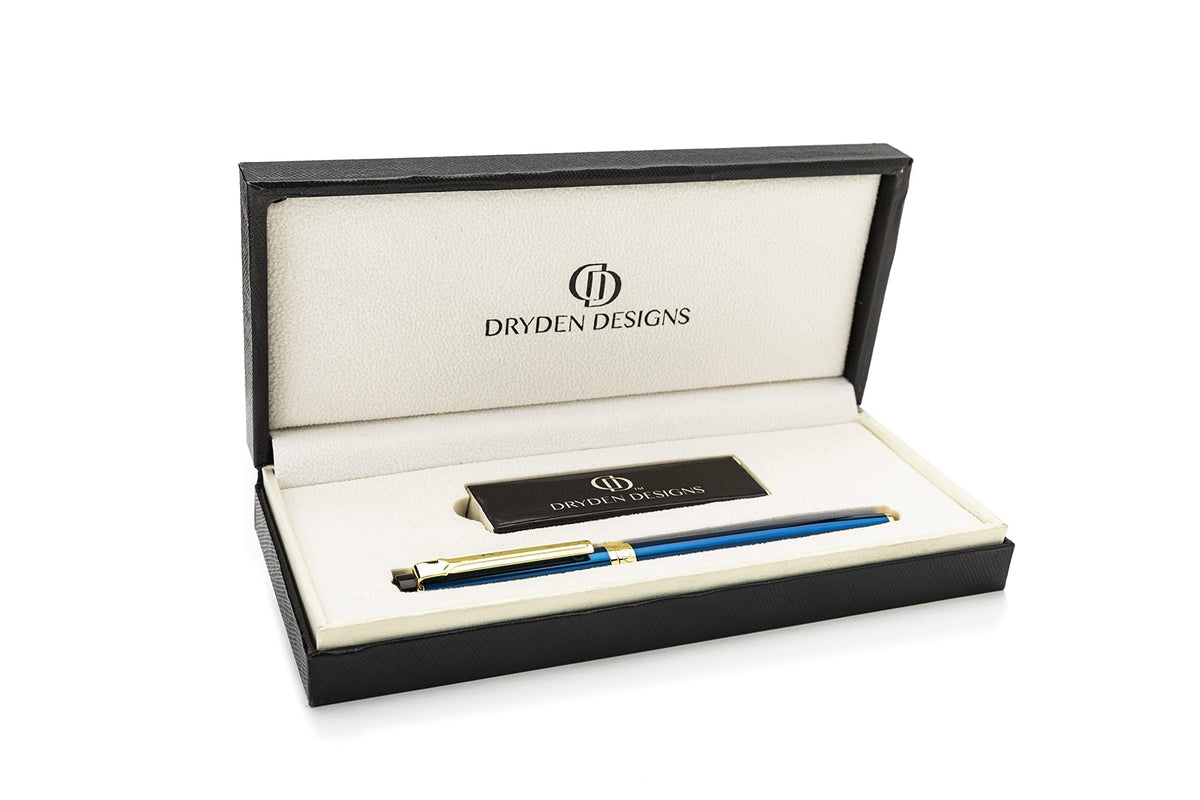 Dryden Designs Fountain Pen. Medium Nib Premium Box | 6 Ink Cartridges Included (Mysterious Blue)