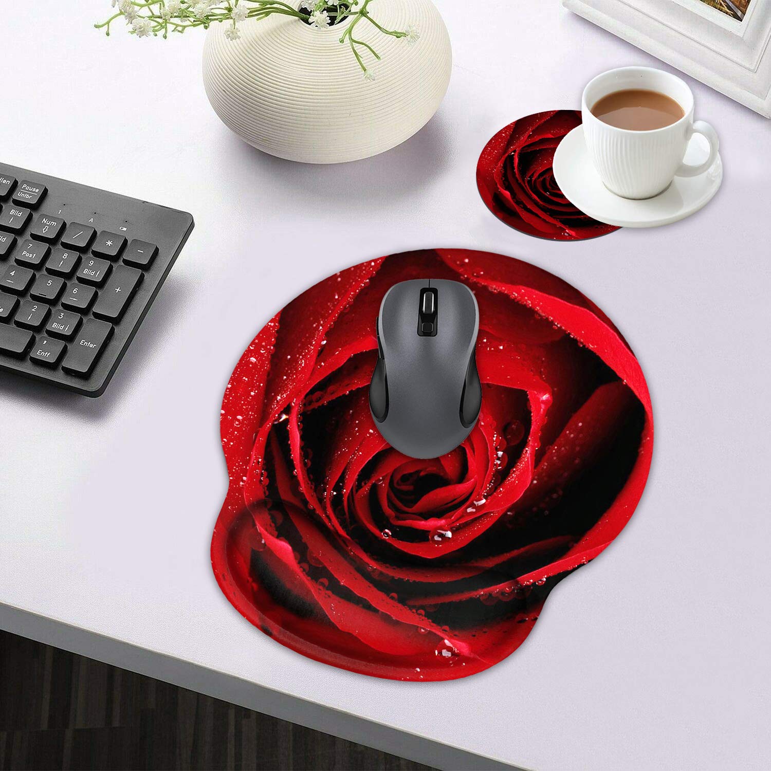 stmedazm Ergonomic Mouse Pad Wrist Support and Coffee Coaster, Cute Wrist Rest Pad with Non-Slip PU