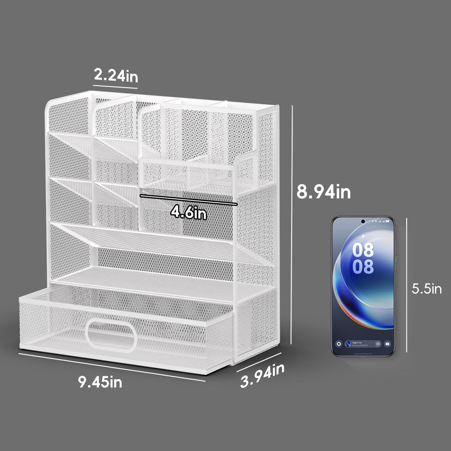 ReePlan Mesh Pen Organizer for Desk, 13 Compartments with Drawer, White