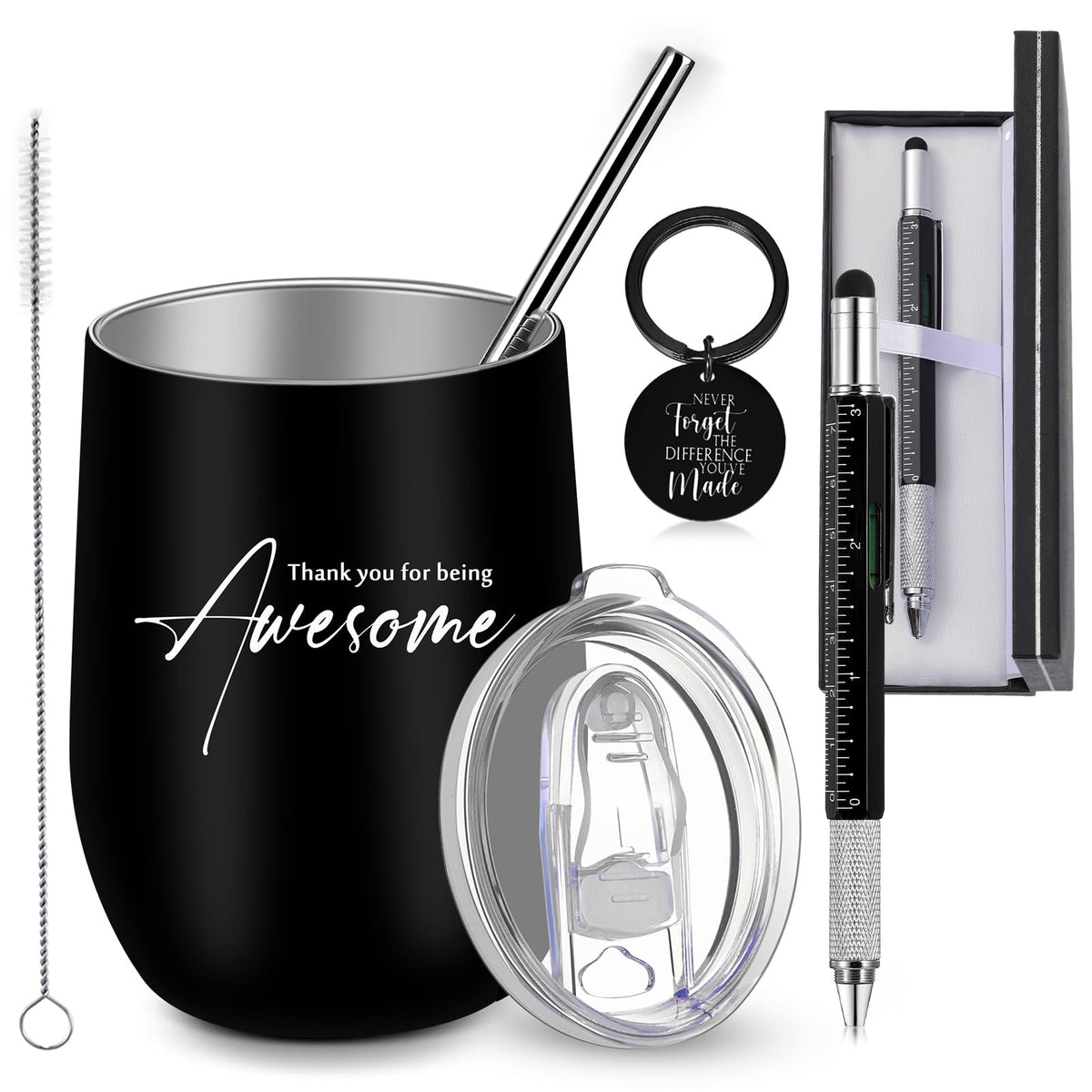 Teling 4 Pcs Thank You Gift for Men Tumbler Pen Keychain Set,Black