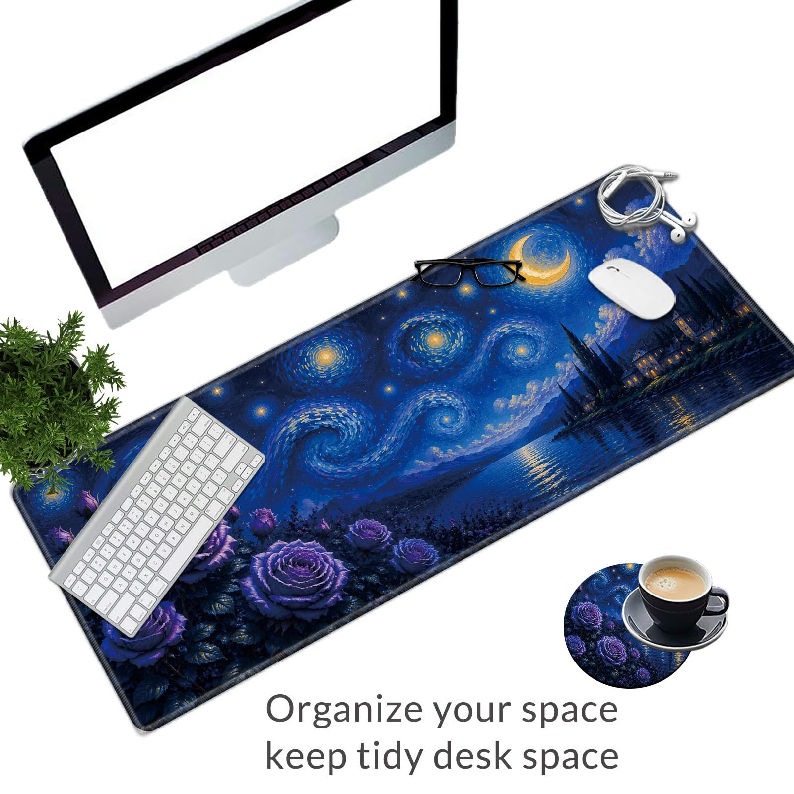 Moonlit Rose Lake Large Mouse Pad, 31.5 x 11.8 in Extended Desk Mat