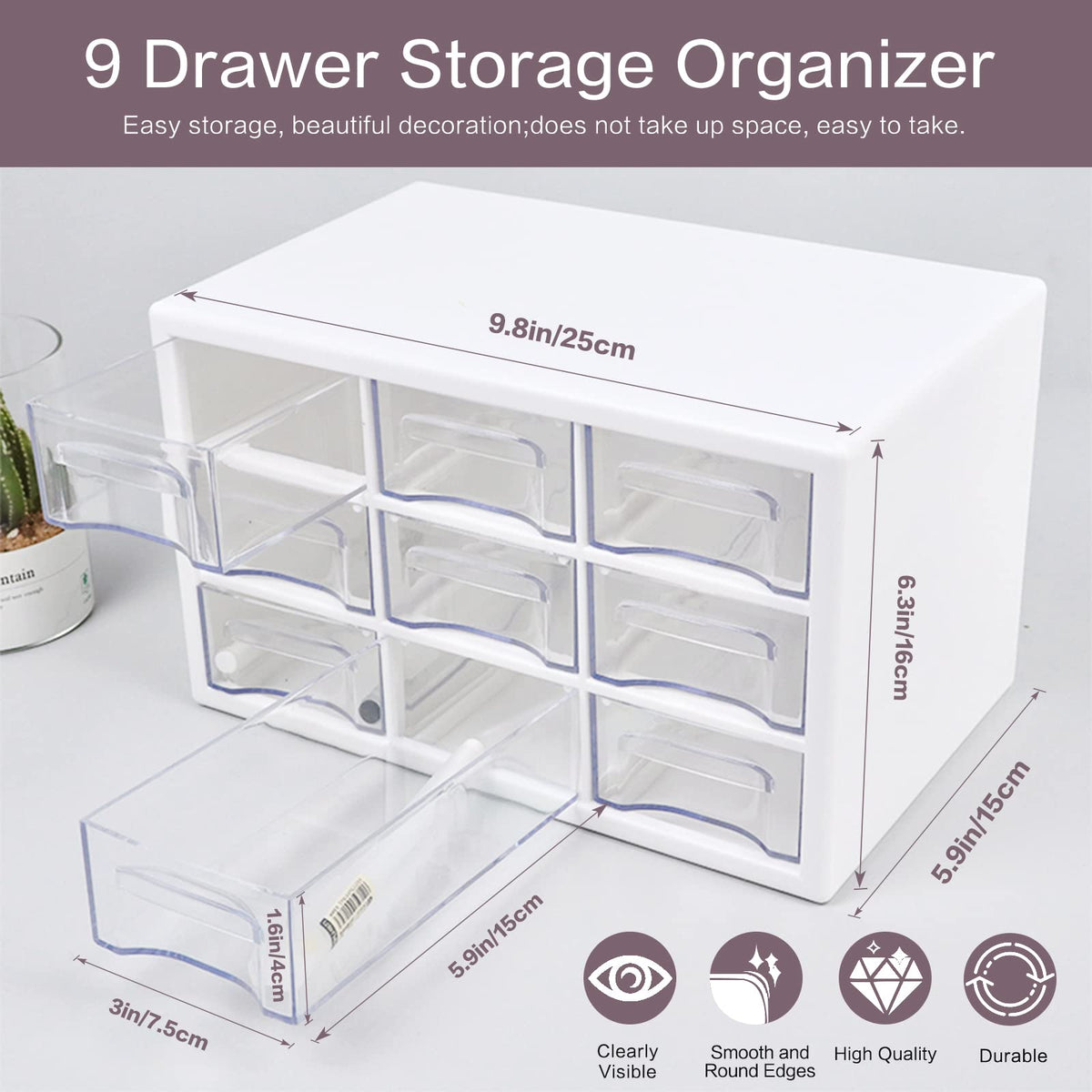 Desk Storage Organizer with 9 Drawers, MYKASEN Clear Plastic Storage Cabinet, Stackable Desk