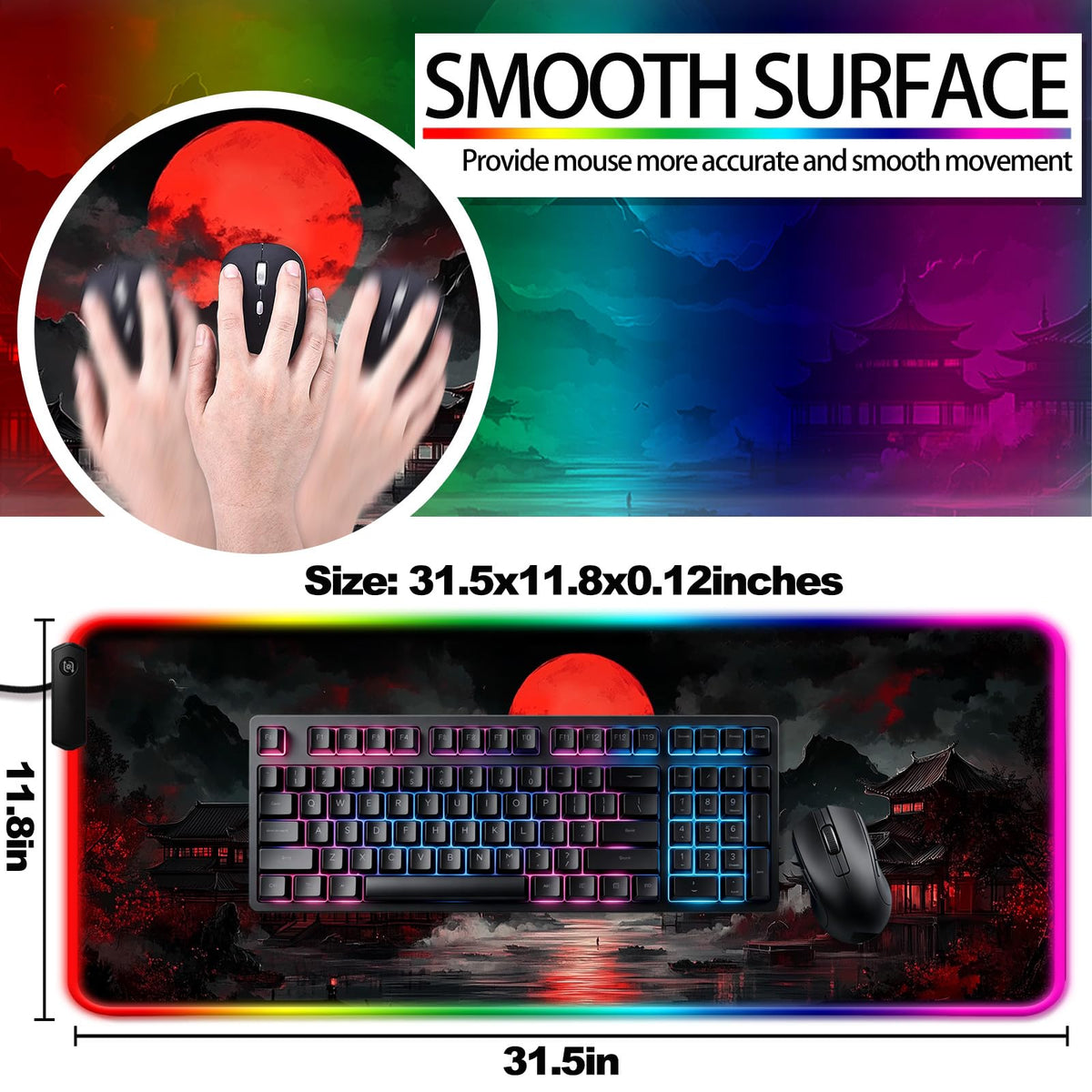 JIANG100 RGB Moonlit Japanese Lake Scene Gaming Desk Mat & Mouse Pad, XL