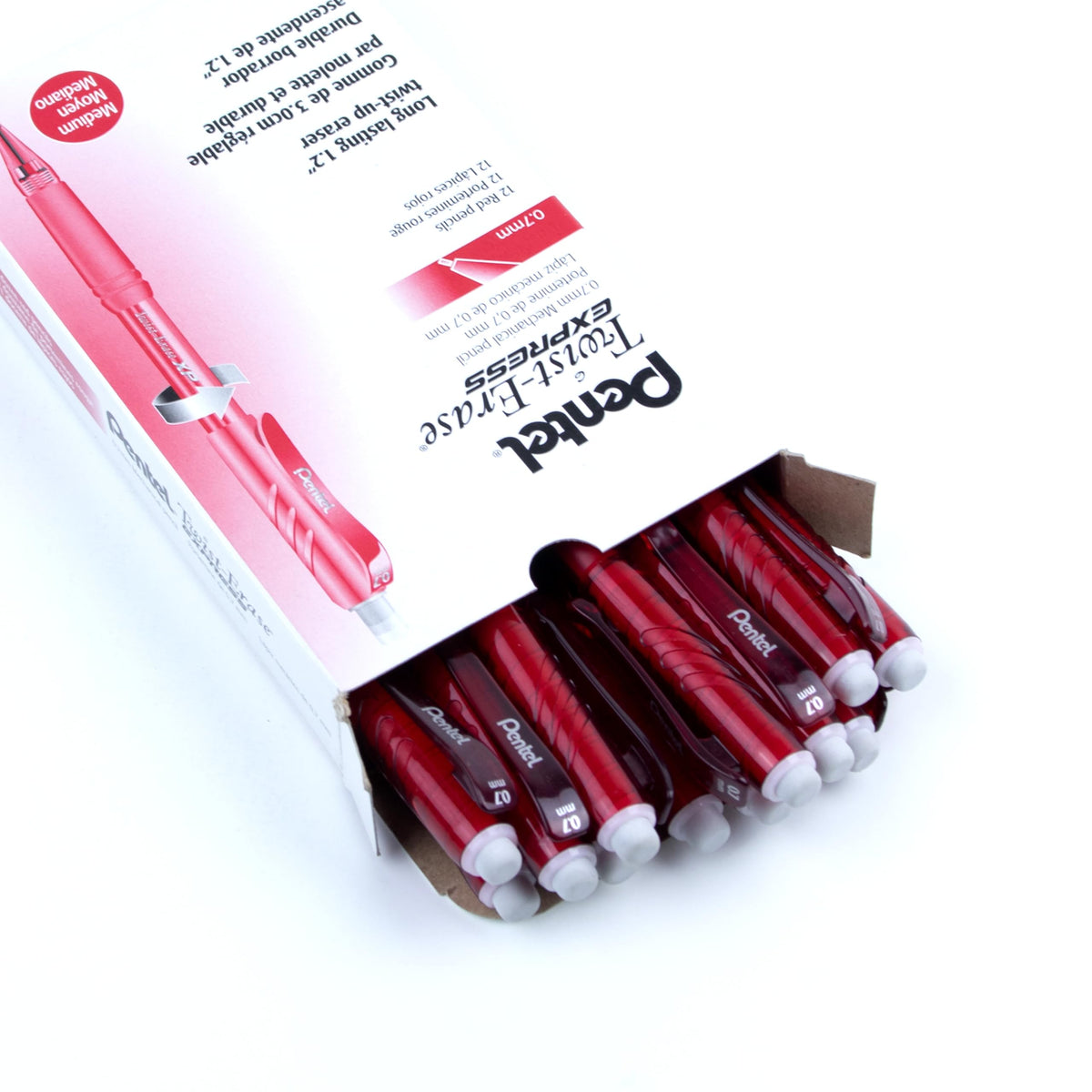 Pentel Twist Erase EXPRESS Automatic Pencil, 0.7mm Lead Size, Red Barrel, Box of 12 (QE417B)