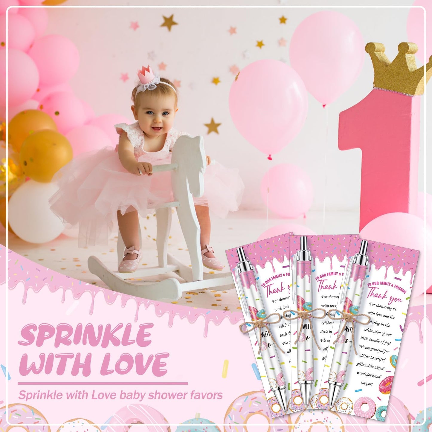 EYNDYN 145 Pieces Donut Baby Shower Favors for Guest Sprinkled with Love Ballpoint Pens and