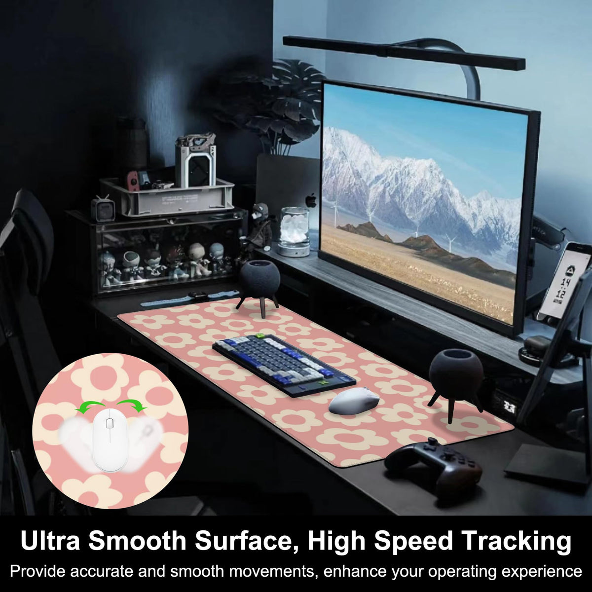Mouse Pad, Large Pink Groovy Flowers Desk Mat, Extended Non-Slip Gaming Keyboard Mousepad Desk Pad