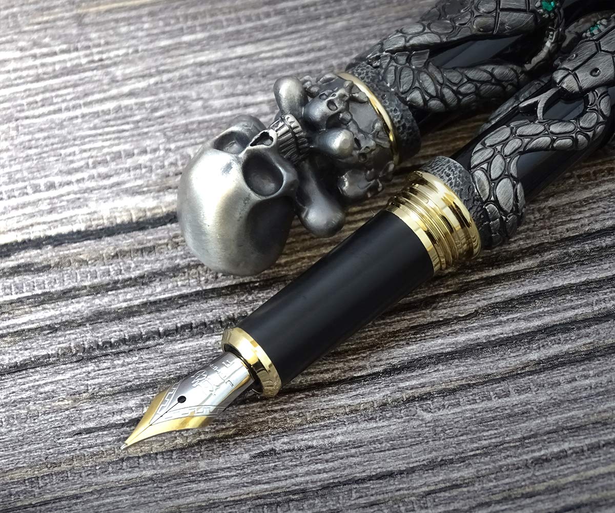 Jinhao Black Snake Fountain Pen Fine Nib with Skull Head Solid Metal