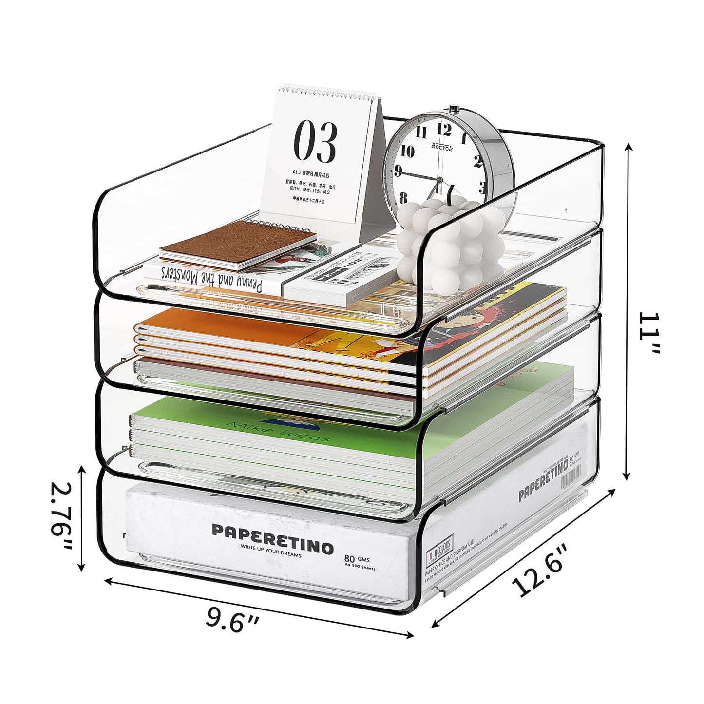 FANXIYQ 4-Tier Acrylic Paper Tray Organizer, Clear Stackable Desk File Organizer for Documents