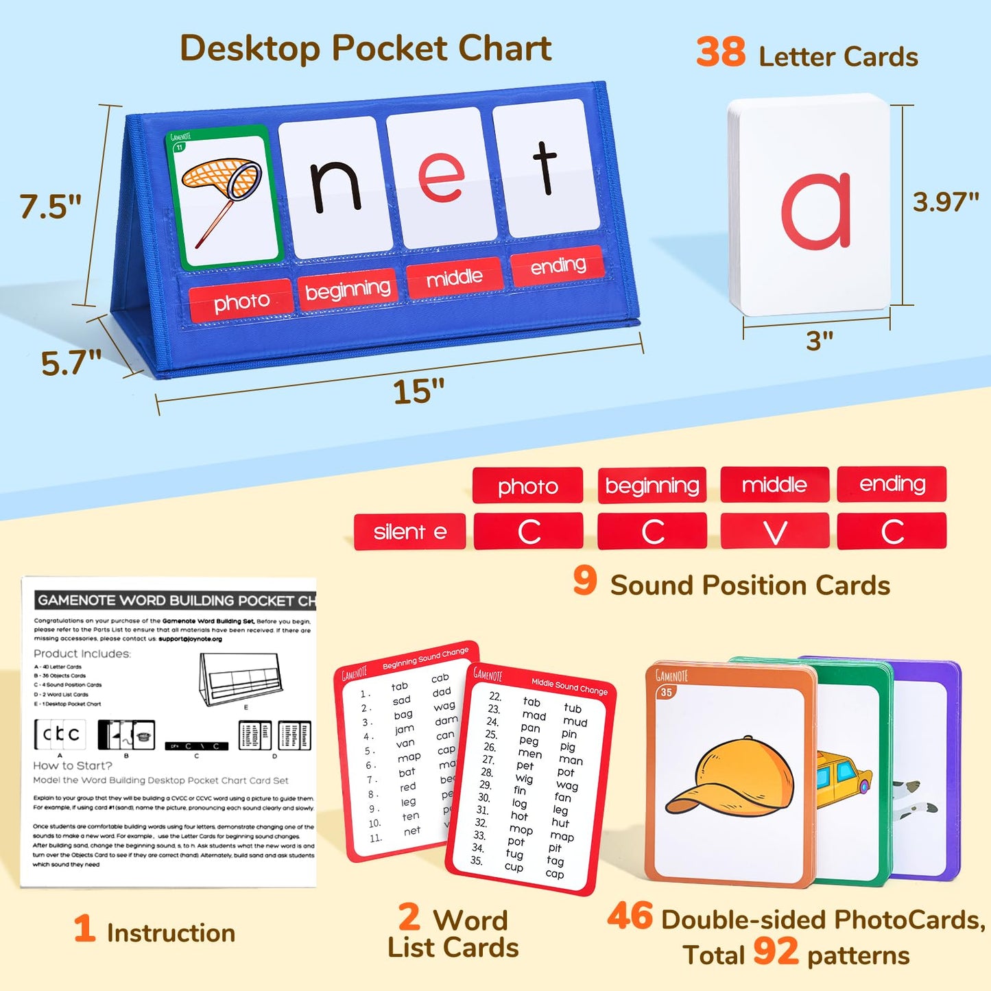 Gamenote CVC Word Builder Pocket Chart, Phonics Cards for Kindergarten