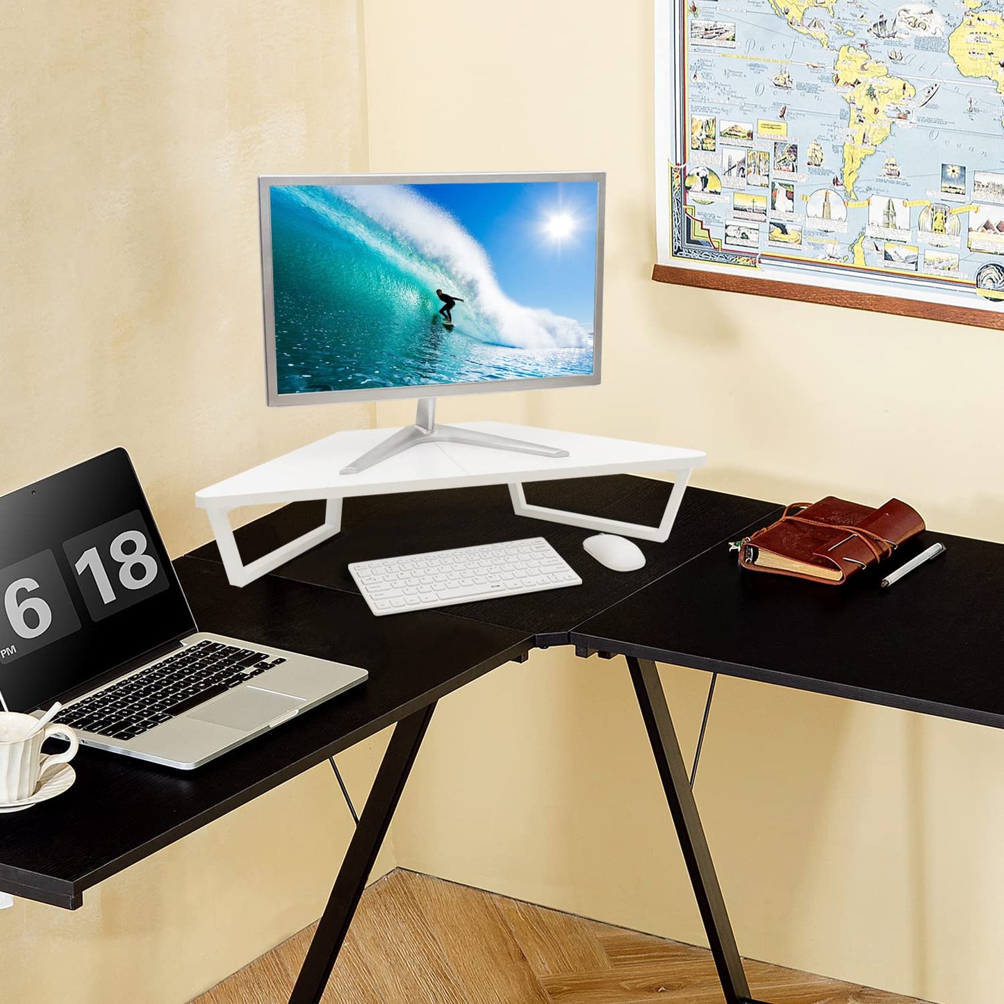 TEAMIX 26 inch White Triangle Monitor Stand Riser, Desktop Corner Shelf with Metal Leg Wood