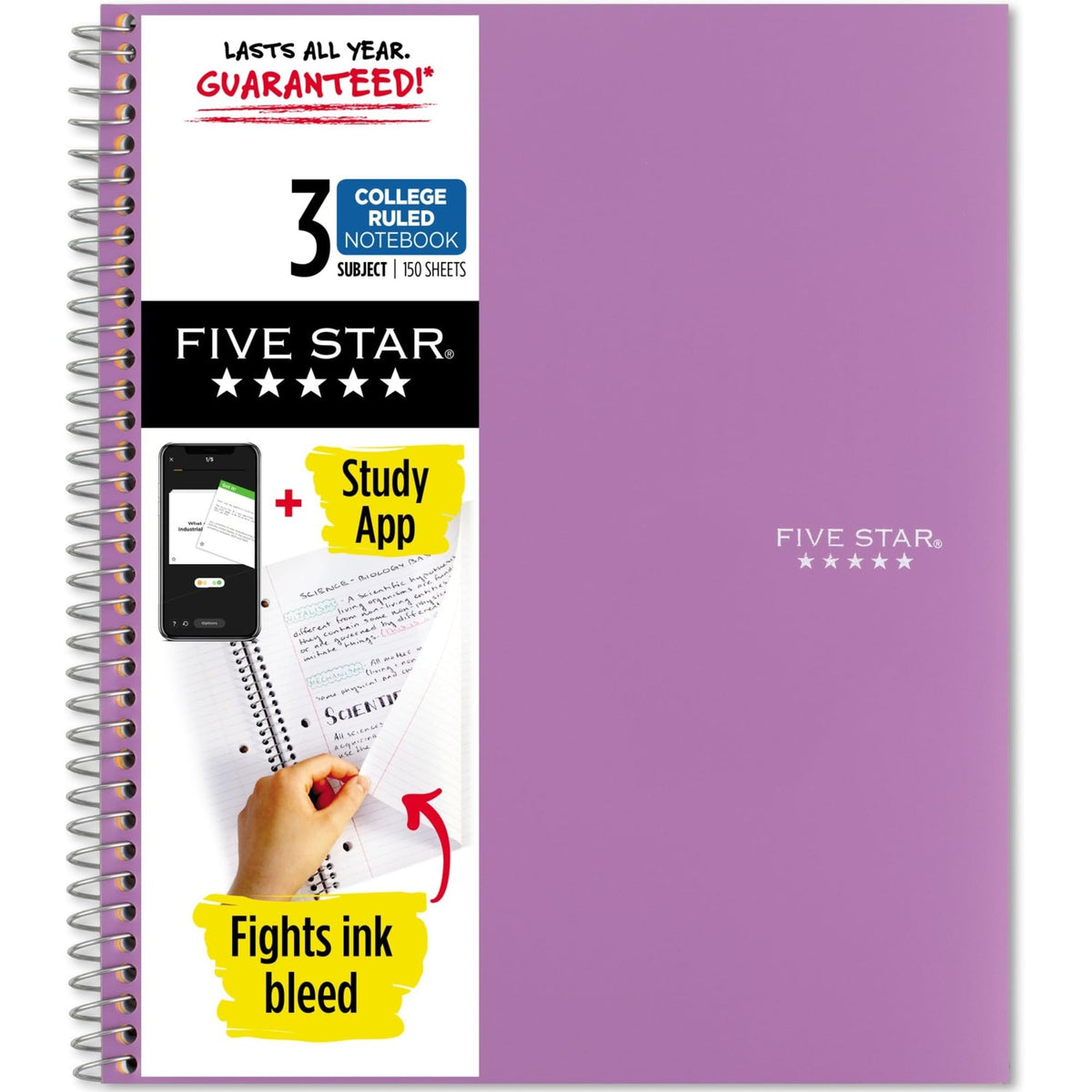 Five Star Spiral Notebook + Study App, 3 Subject, College Ruled Paper, 8-1/2" x 11", 150 Sheets