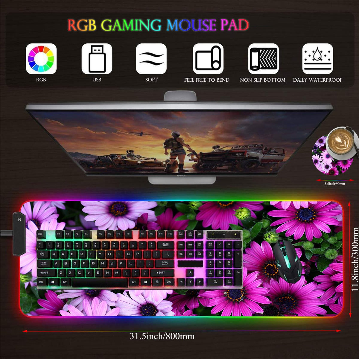 CICPLKSE Customized RGB Gaming Mouse Pad and Coffee Coaster,Large Glowing Led Anti-Slip Rubber Base