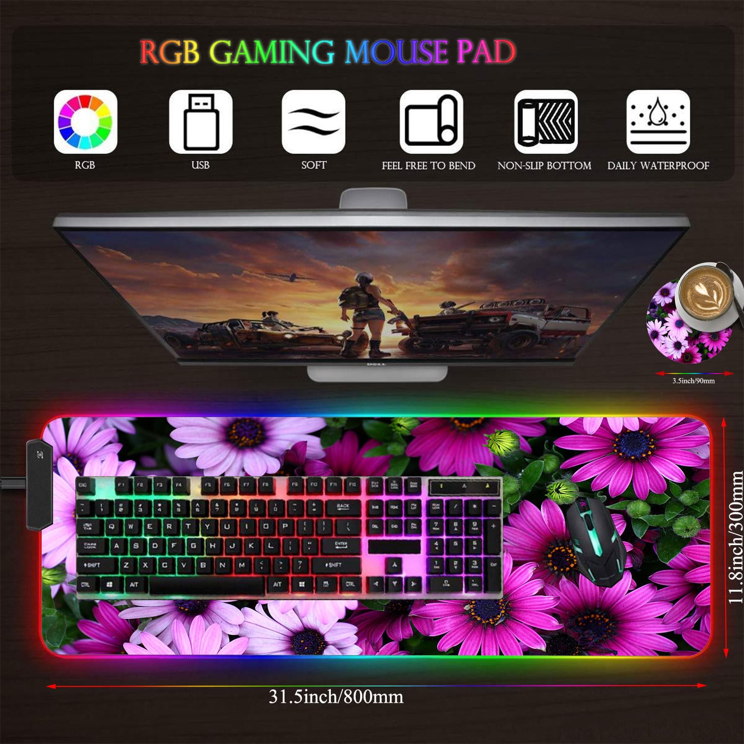 CICPLKSE Customized RGB Gaming Mouse Pad and Coffee Coaster,Large Glowing Led Anti-Slip Rubber Base