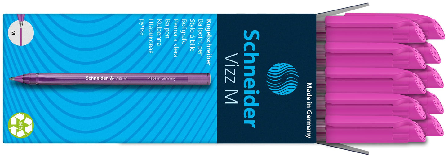 Schneider 10 x Vizz Ballpoint Pen - Easy and Fast Writing - Colour Ink Barrel - Medium Line - Pink