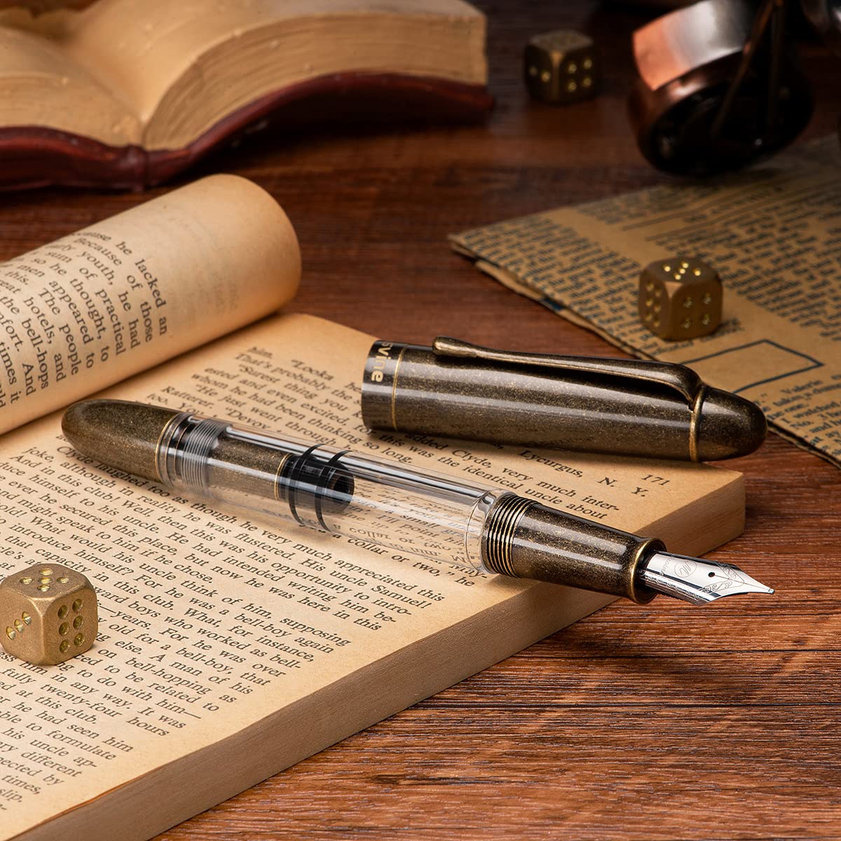 Asvine P30 Piston Fountain Pen Extra Fine, Retro Brass Style, Transparent Acrylic Large Ink