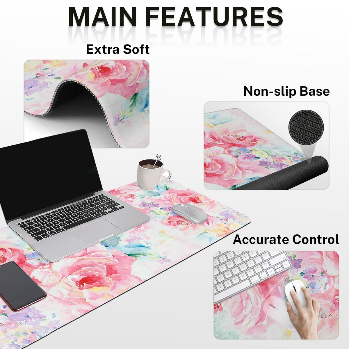 Arttown Keyboard Mouse Pad Set, 4 in 1 Desk Mat Set Watercolor Flower