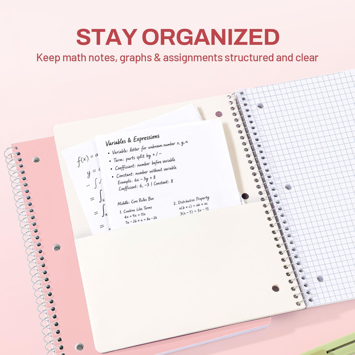 SUNEE Spiral Notebook, 1-Subject, Graph Ruled Paper, 8" x 10-1/2", 100 Sheets per Notebook, 3-Hole